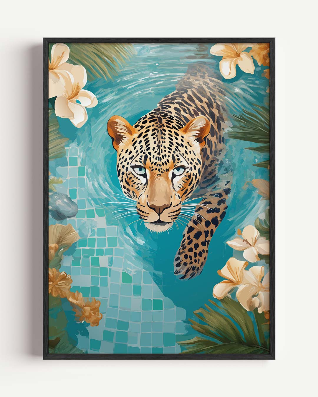 Dappere Luipaard in Paradijselijke Zwempartij – dieren portret poster als wanddecoratie