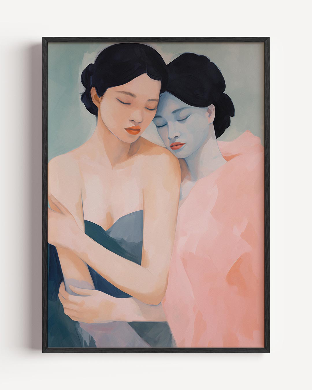 Twee vrouwen in omhelzing – vrouwelijk portret poster als wanddecoratie