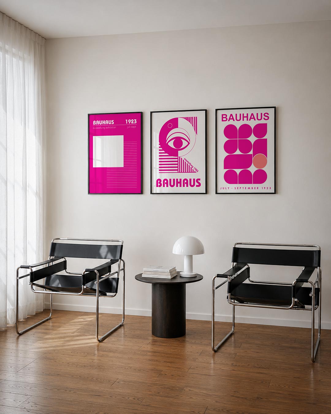 Kleur en lijnen posterset – tweede productweergave – een felroze achtergrond met een groot wit vierkant en dunne horizontale