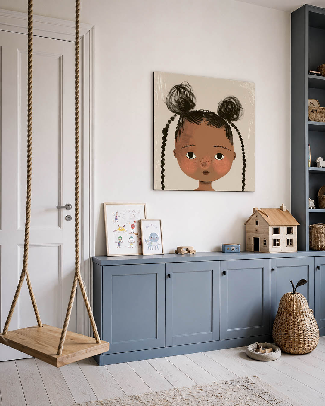 Kinderportret met vlechten kunstwerk – vierkante wanddecoratie – dit werk toont een kind met expressieve ogen en speelse