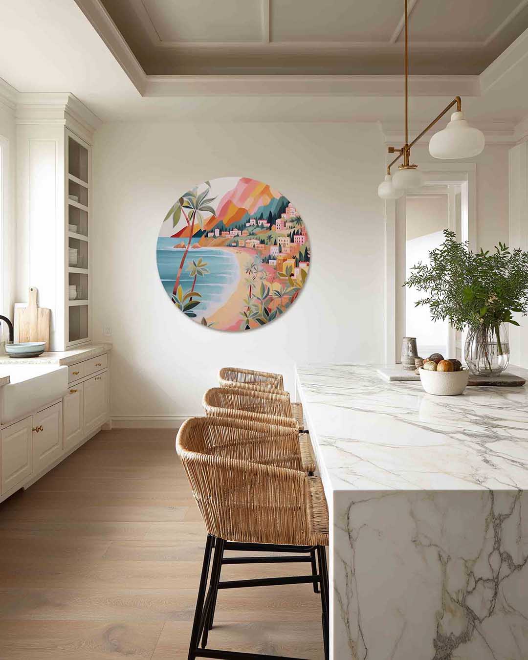 Kustlandschap met palmbomen – abstracte muurcirkel als ronde wanddecoratie