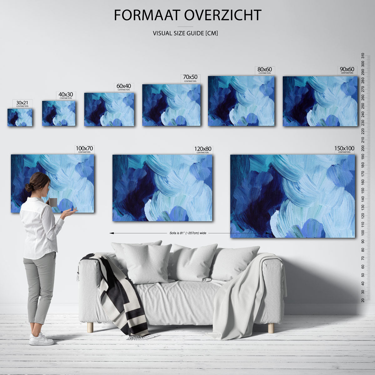 Abstracte blauwe penseelstreken – liggende muurposter met artistieke uitstraling