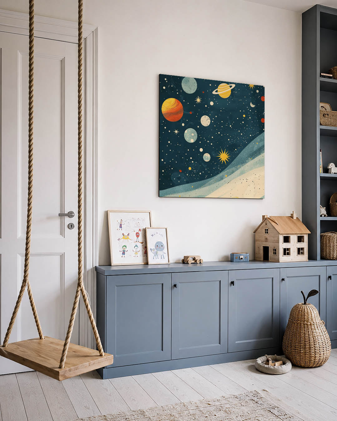 Kosmische vormen kunstwerk – vierkante wanddecoratie – dit kunstwerk toont een levendig universum met planeten en sterren