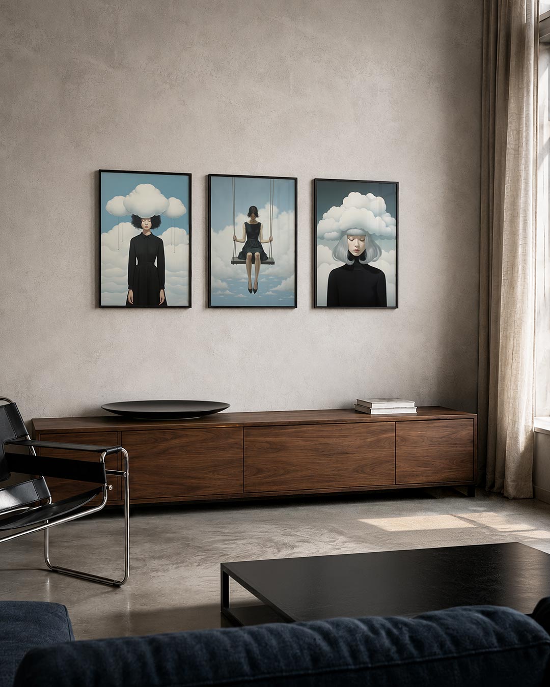 Dromerige wolken posterset – tweede productweergave – een vrouw in een zwarte jurk staat met gesloten ogen onder