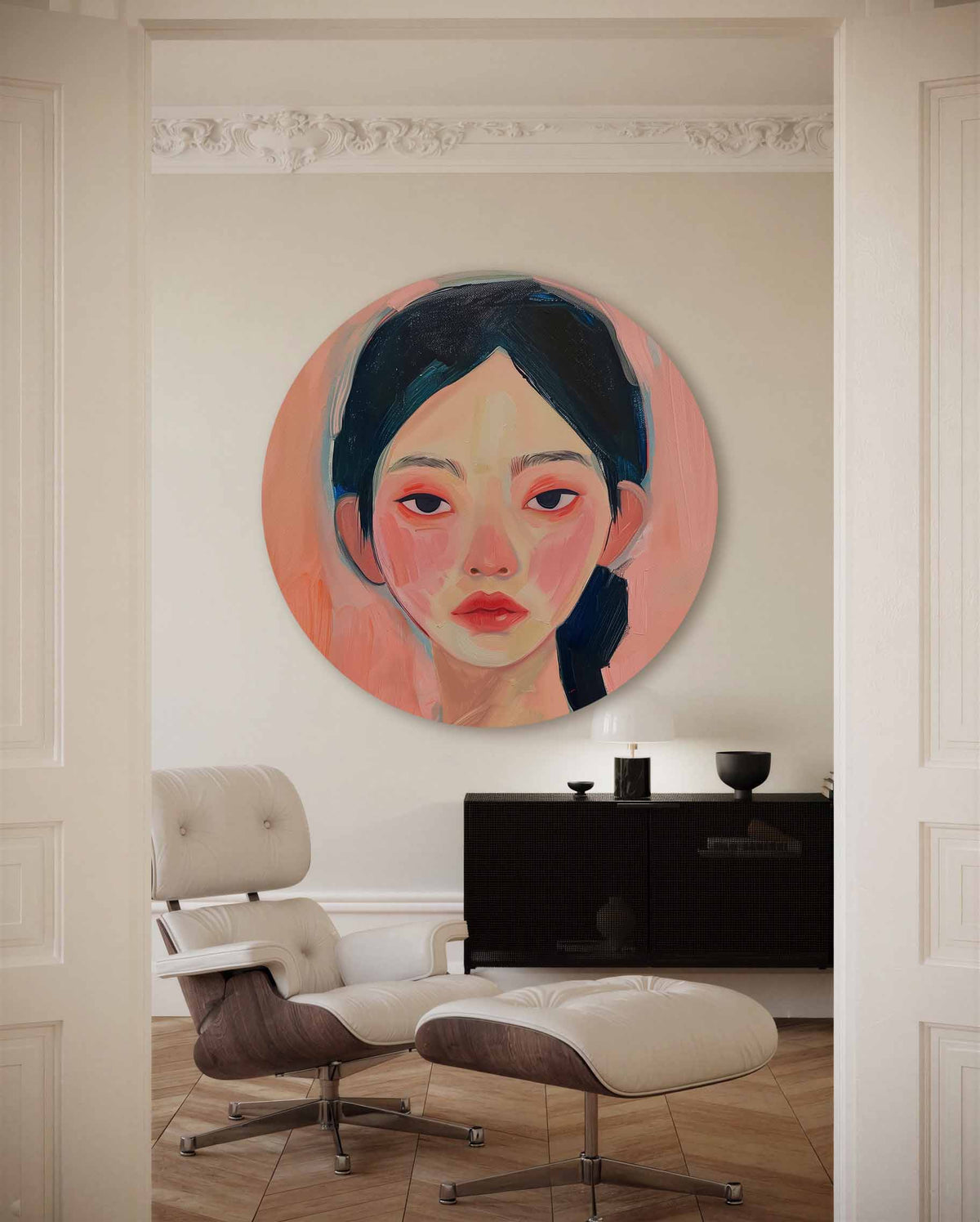 Portret met roze tinten – muurcirkel met kleur en vormen voor aan de muur