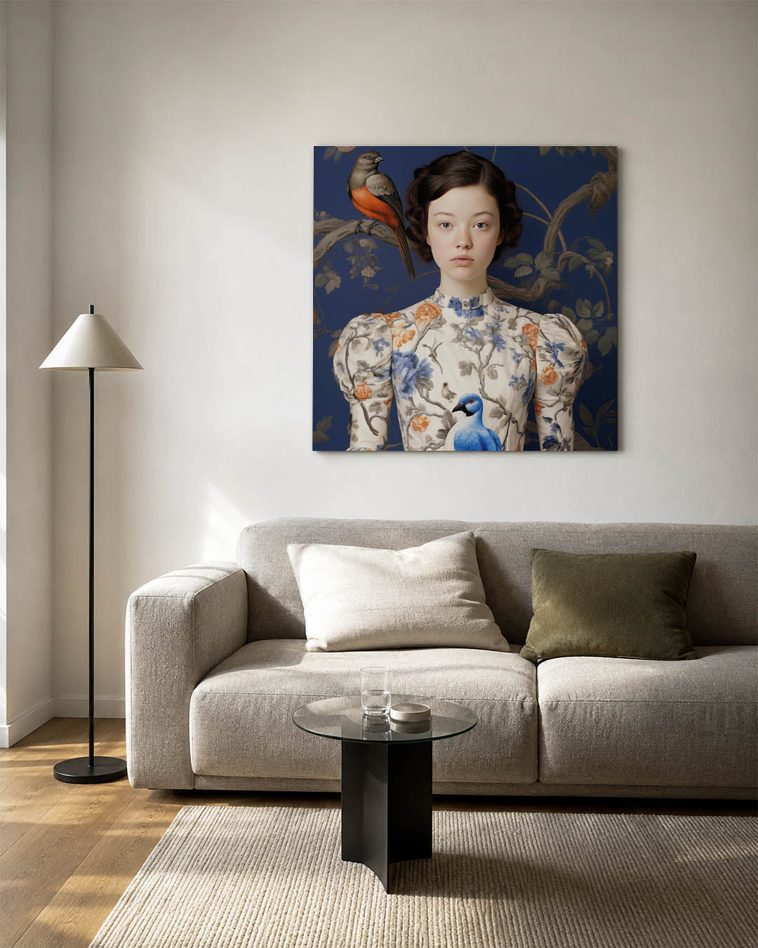 Vogels en bloemen portret kunstwerk – vierkante wanddecoratie – dit werk toont een jonge vrouw in een gedetailleerd patroon