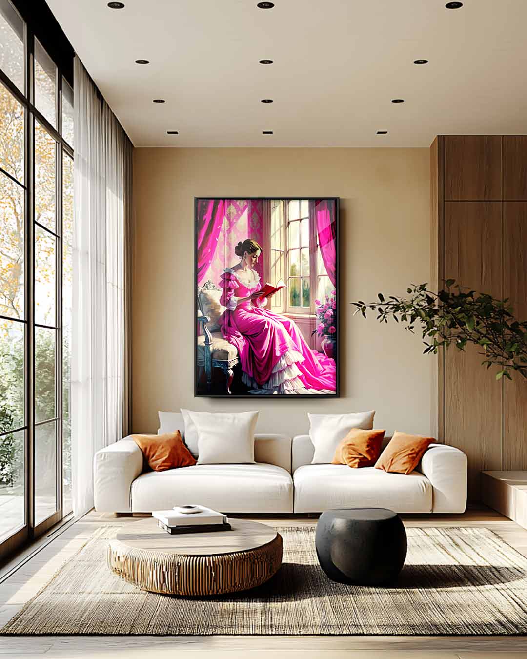 Leesplezier bij het Raam – plexiglas wanddecoratie in portret formaat