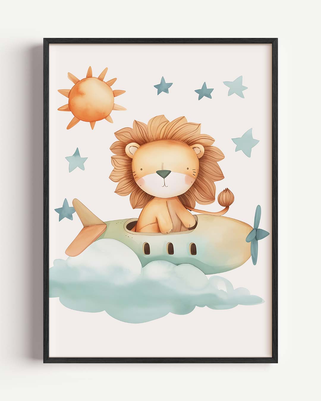 Dromerige Leeuw in het Vliegtuig – kids portret poster als wanddecoratie