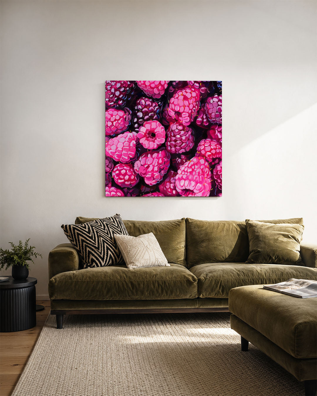 Fruitige patronen kunstwerk – derde productweergave – dit kunstwerk toont een levendige verzameling van frambozen in diverse
