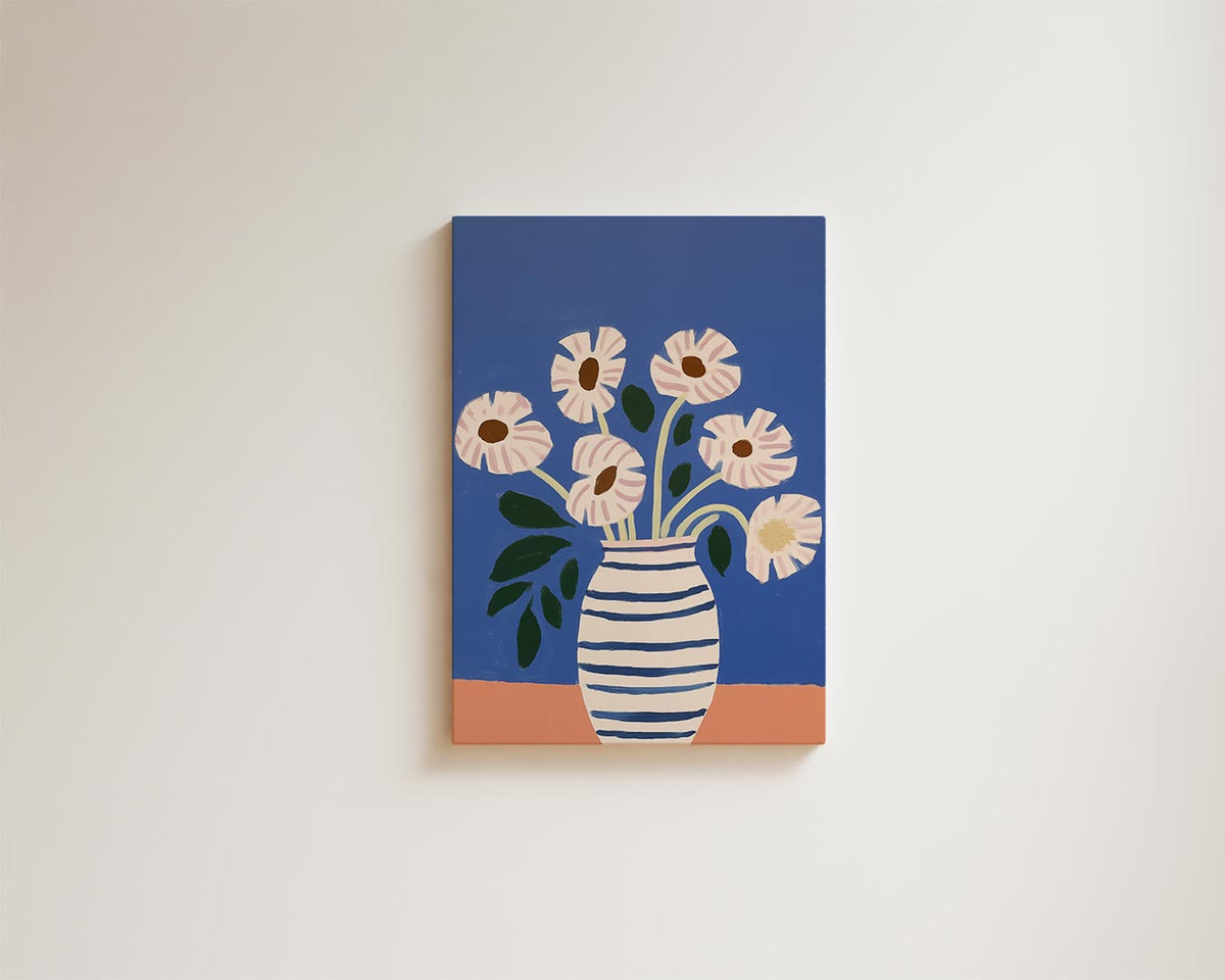 Stralende Bloemen in Gestreepte Vaas – portret kunstwerk als wanddecoratie, afbeelding 15