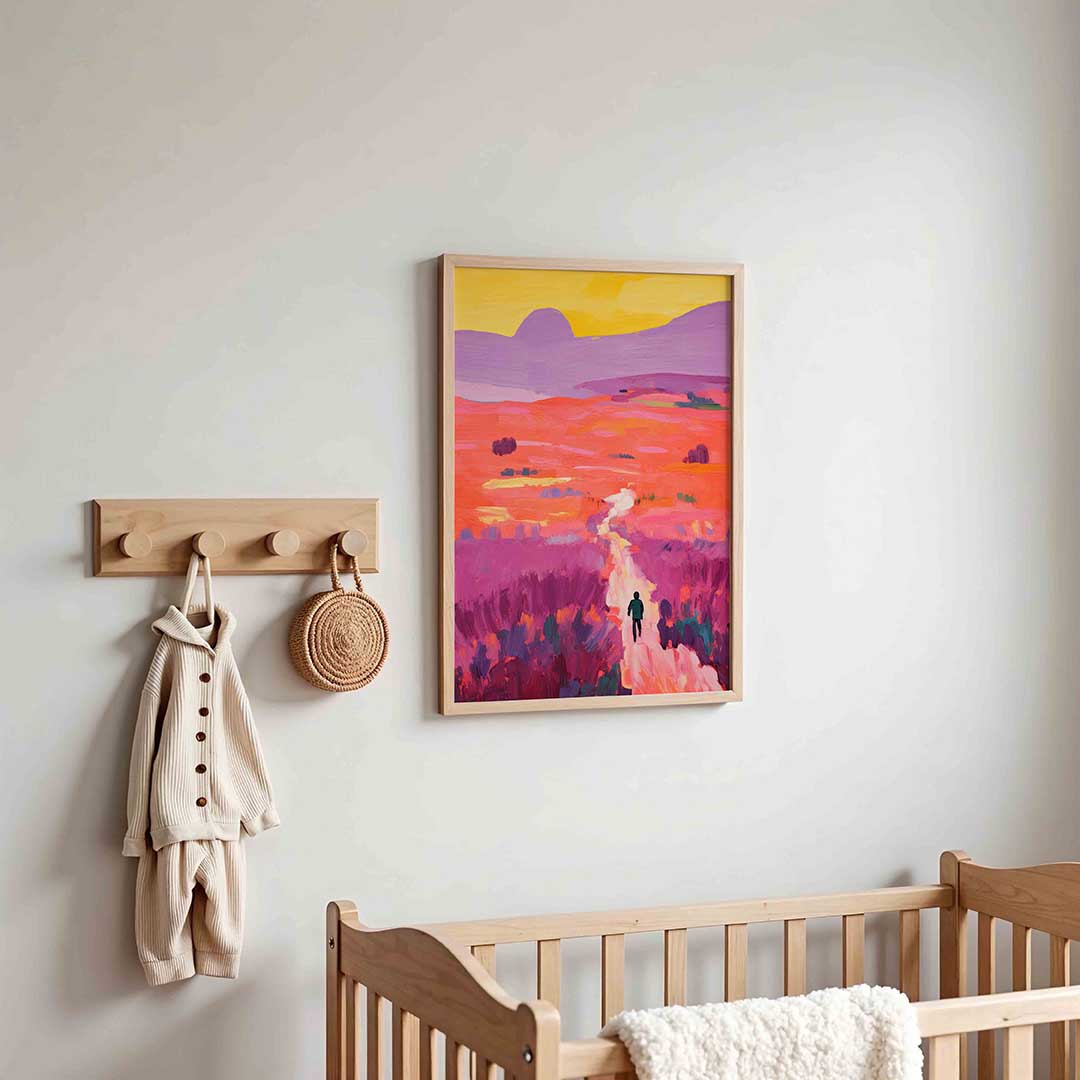 Wandelaar in kleurrijk landschap – kinderposter in staand formaat