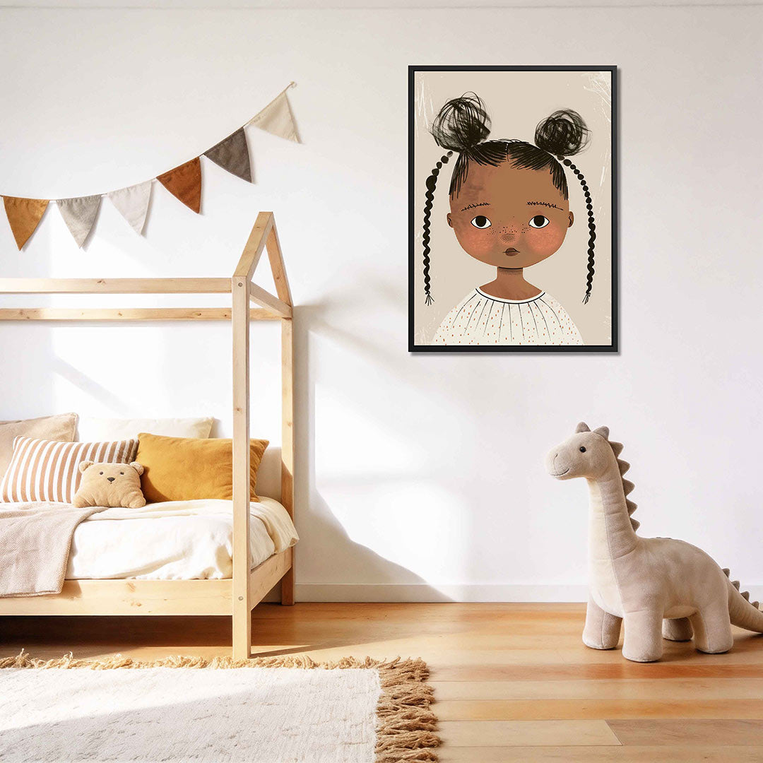 Kinderportret met vlechten – kunstwerk als stijlvolle wanddecoratie