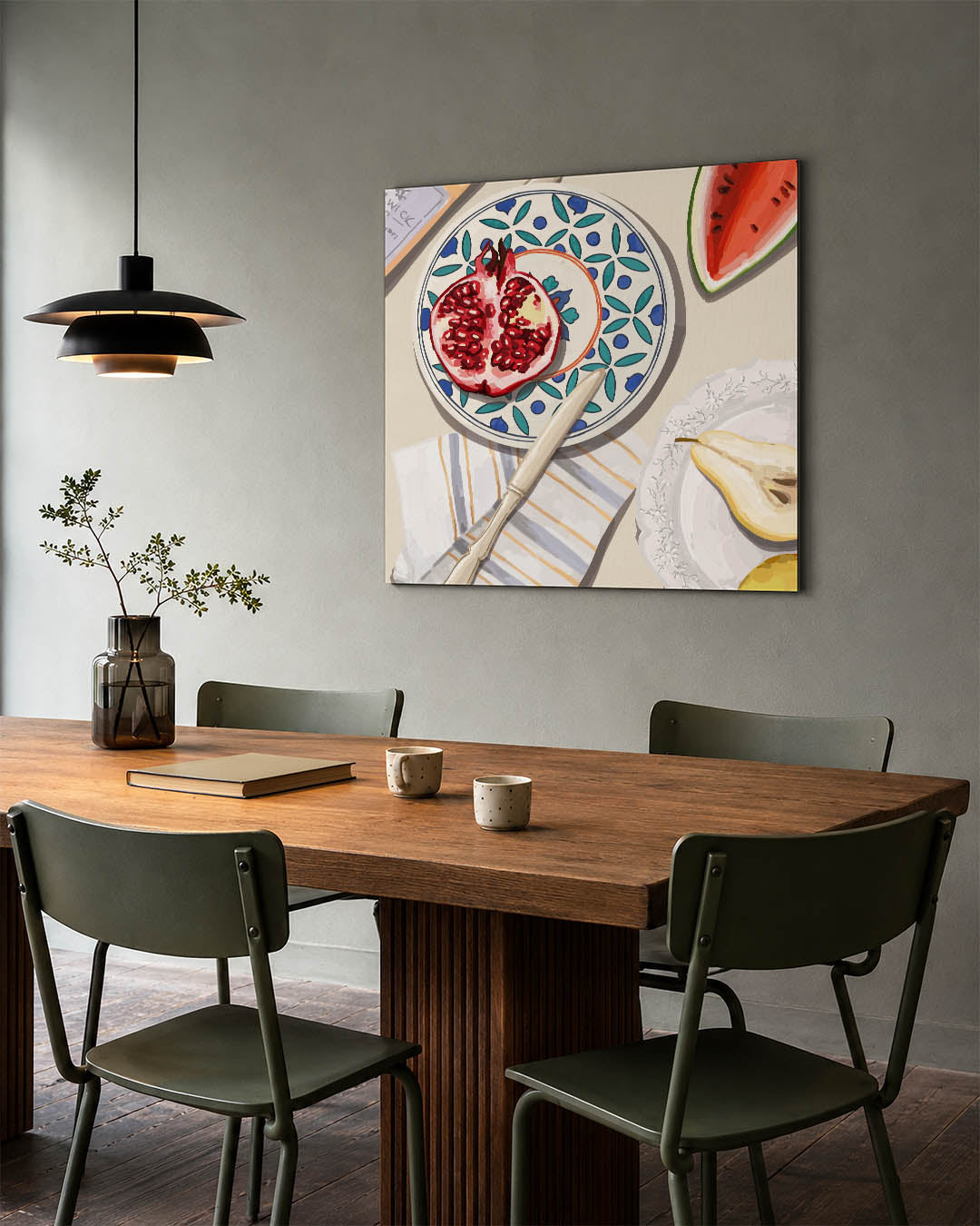 Fruit en servies kunstwerk – tweede productweergave – dit kunstwerk toont een kleurrijke compositie van fruit en servies. De