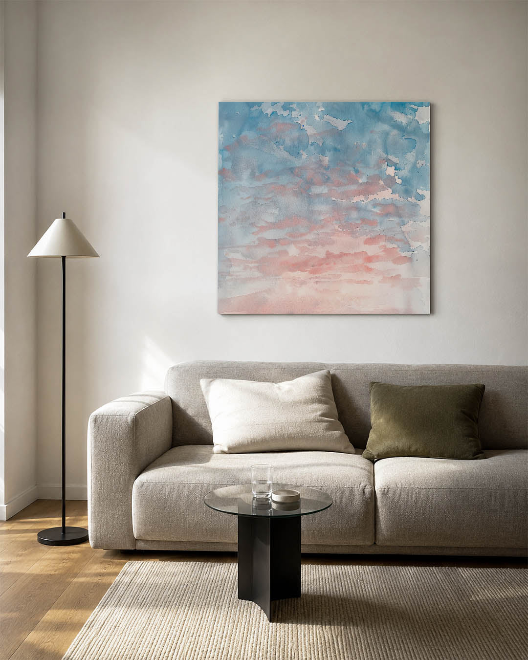 Dromerige kleurenmix kunstwerk – vierkante wanddecoratie – dit kunstwerk toont een vloeiende mix van blauwe en roze tinten