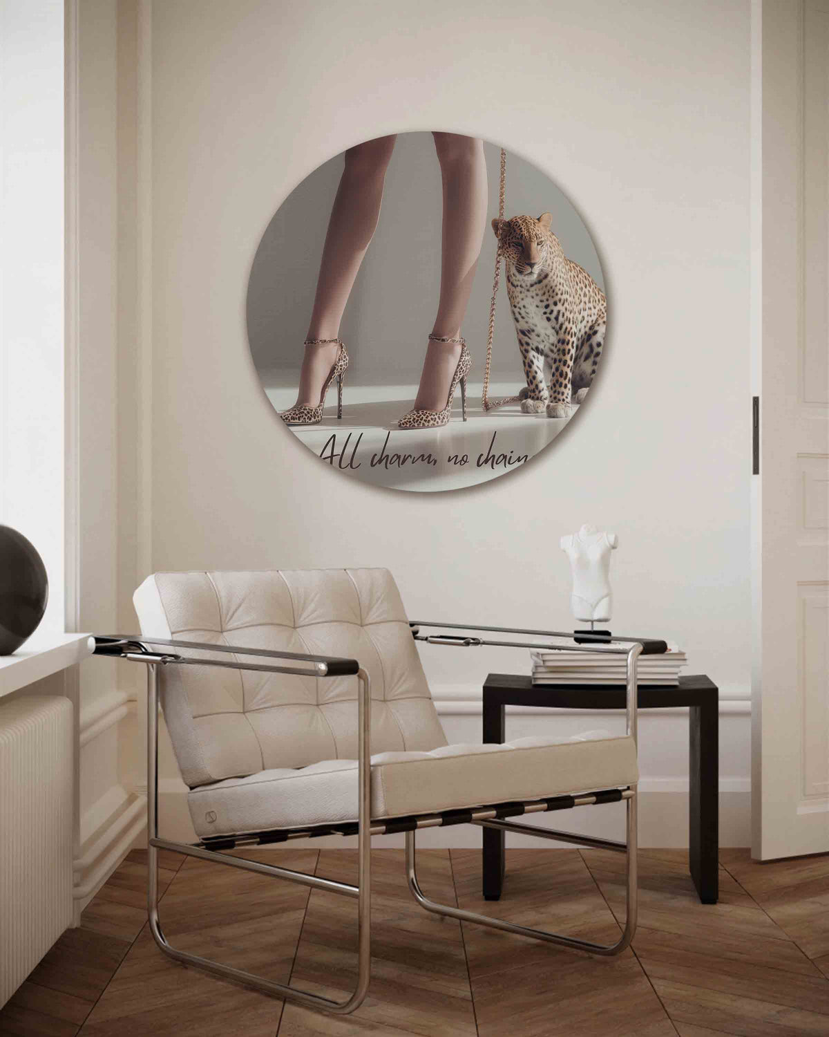 Luipaard en hakken – Pop Art muurcirkel als ronde wanddecoratie