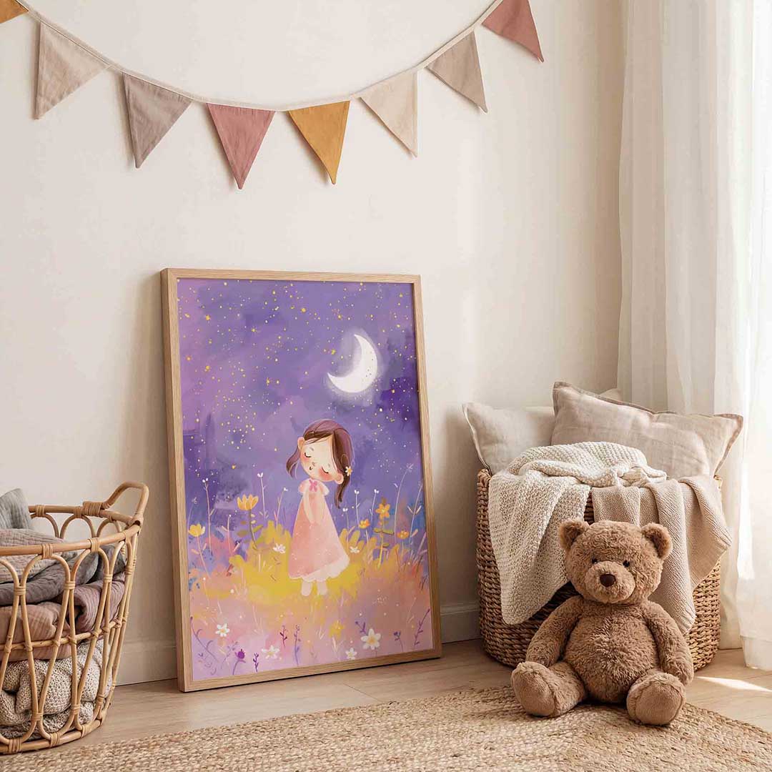 Meisje onder maan – speelse wandkunst als portret kinderposter