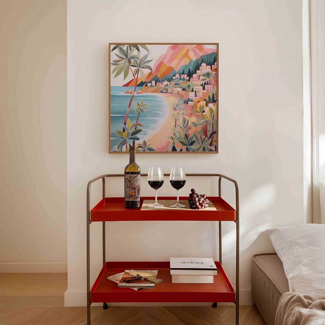 Kustlandschap met palmbomen – vierkante keuken wanddecoratie van WallArtistic