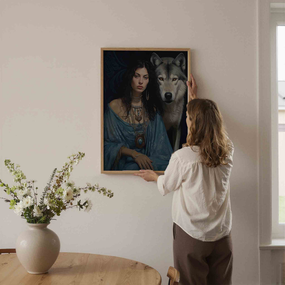 Vrouw en wolf – botanische wandkunst als portret poster