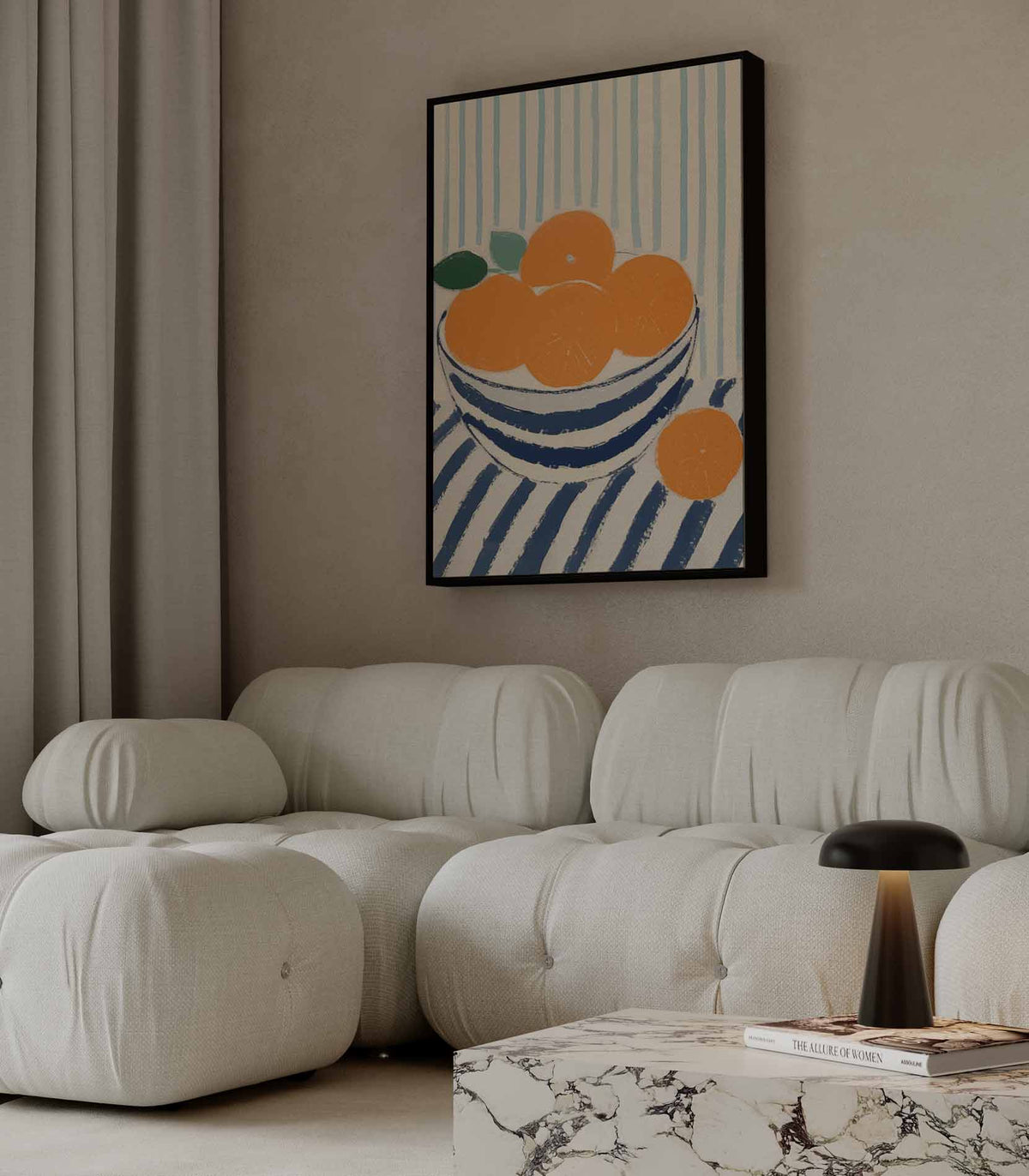 Zonnige Sinaasappels in Streepjesland – canvas wanddecoratie in portret formaat