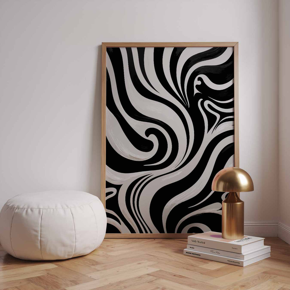 Zwart-Wit Golvend Design – staande kleurrijke abstracte wanddecoratie van WallArtistic