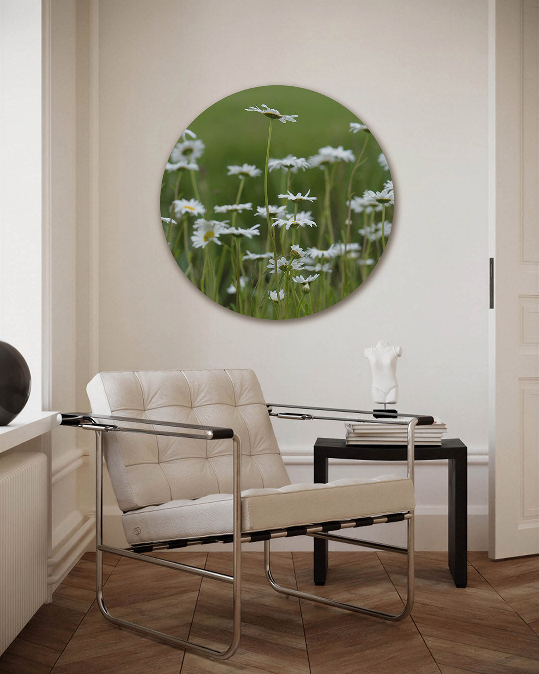 Witte margrieten – fotografie muurcirkel als ronde wanddecoratie