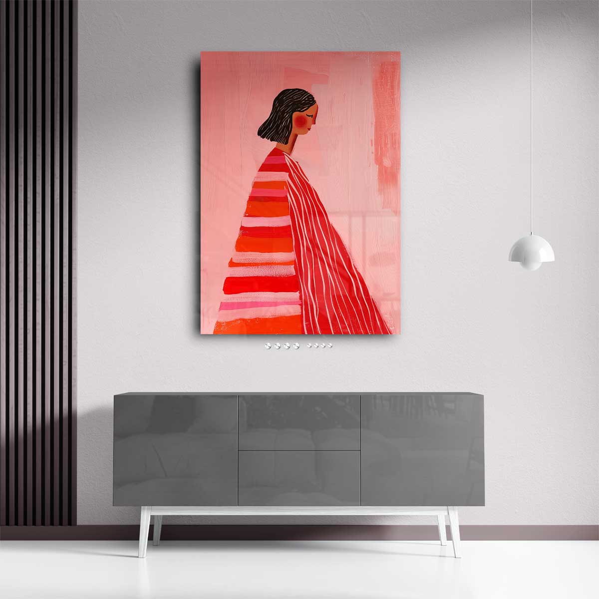 Vrouw in Roze en Rood – plexiglas wanddecoratie in portret formaat