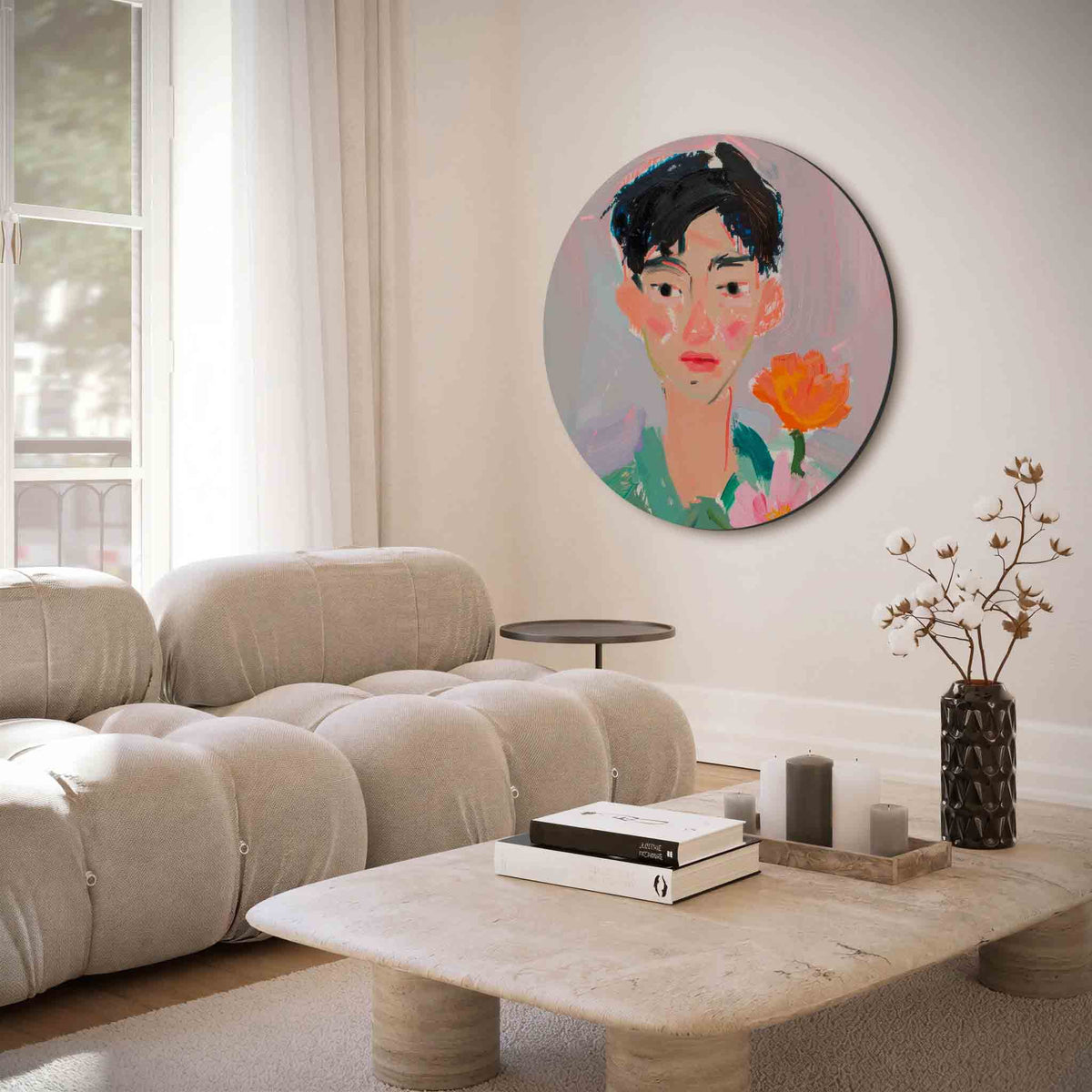 Portret met bloemen – illustratie muurcirkel als ronde muurdecoratie