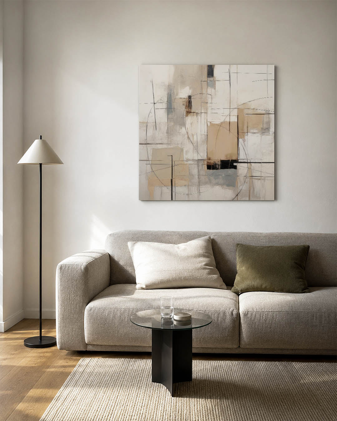 Geometrische lijnen kunstwerk – vierkante wanddecoratie – dit werk toont een dynamisch spel van lijnen en vlakken in neutrale