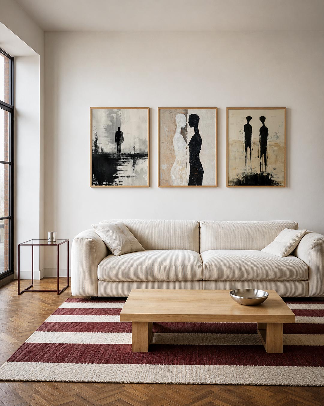 Schaduw en reflectie driedelige posterset – een silhouet van een persoon loopt naar voren, omringd door