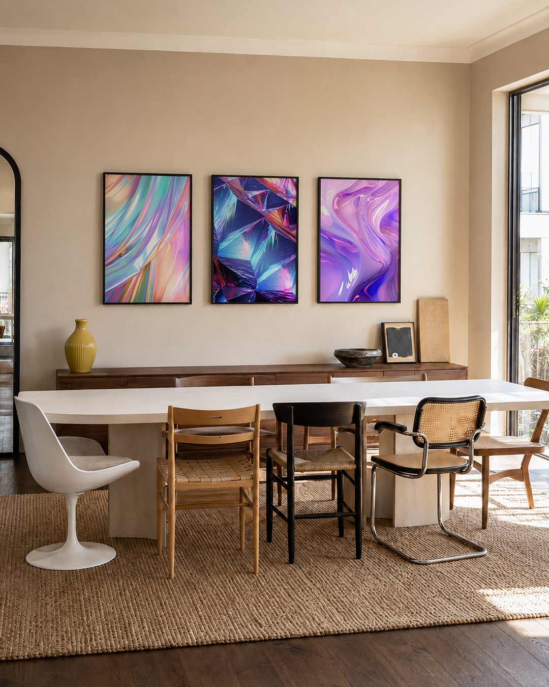 Iridescente kleurslierten driedelige posterset – deze posterset in drie delen toont vloeiende lijnen in