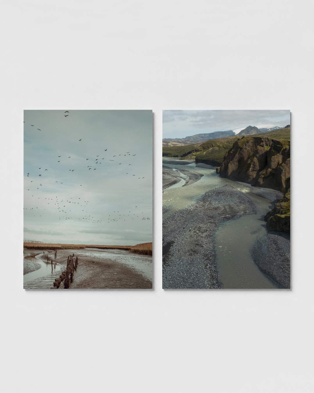 Vogelvlucht en horizon posterset – sfeerbeeld – een serene lucht vol vogels boven een uitgestrekt landschap. De horizon