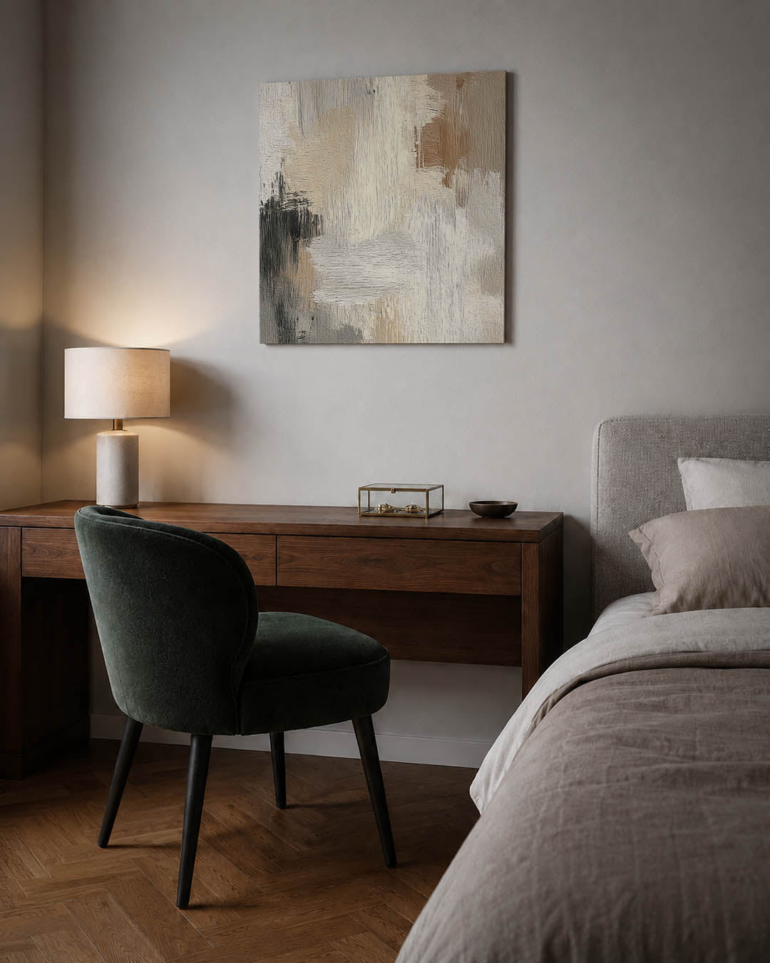 Zachte kleuren harmonie kunstwerk – sfeerbeeld – dit werk toont een subtiele mix van beige, wit en grijs. De penseelstreken