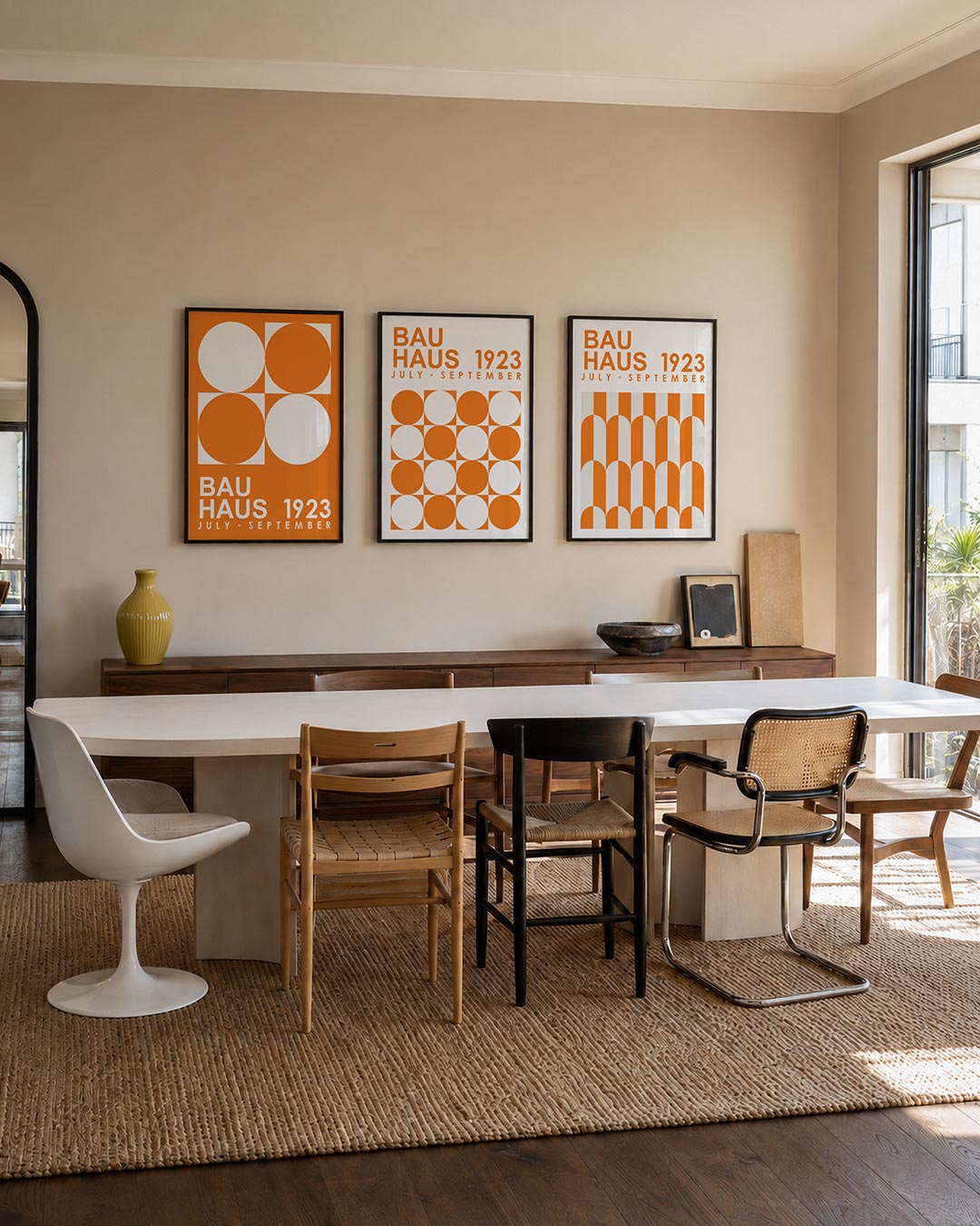 Cirkel en vierkant posterset – tweede productweergave – deze posterset in drie delen toont een levendig spel van oranje en