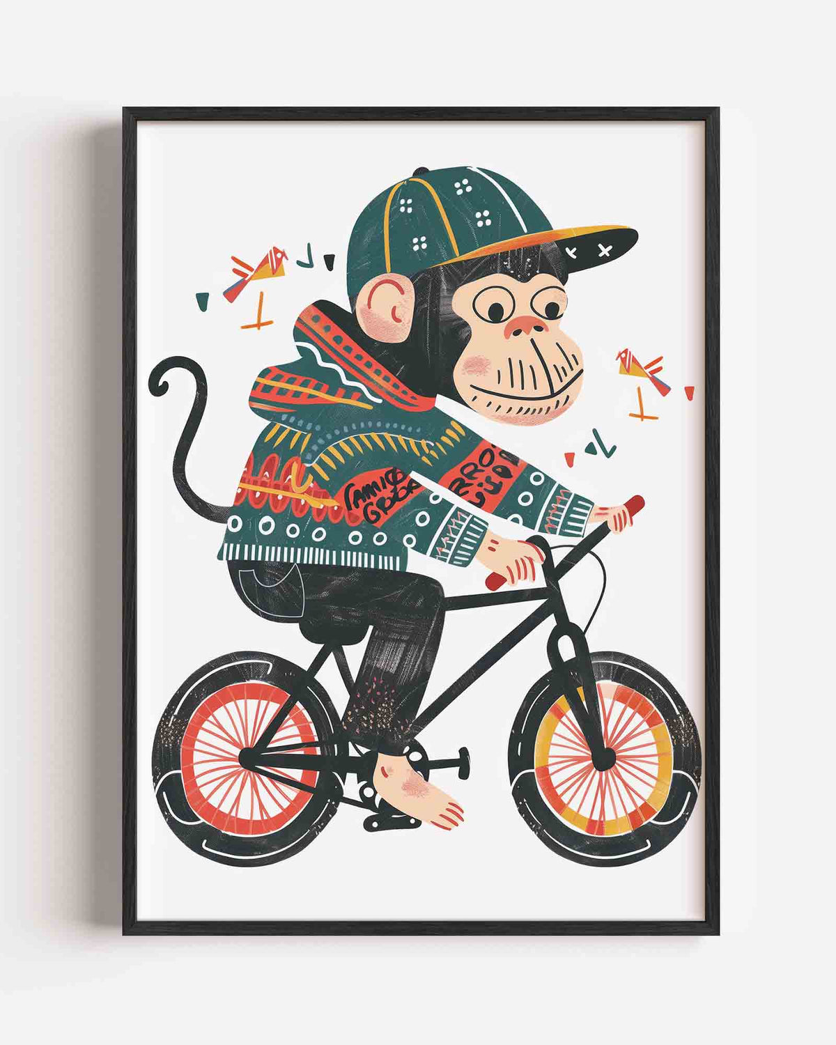 Aap op fiets – kids portret poster als wanddecoratie