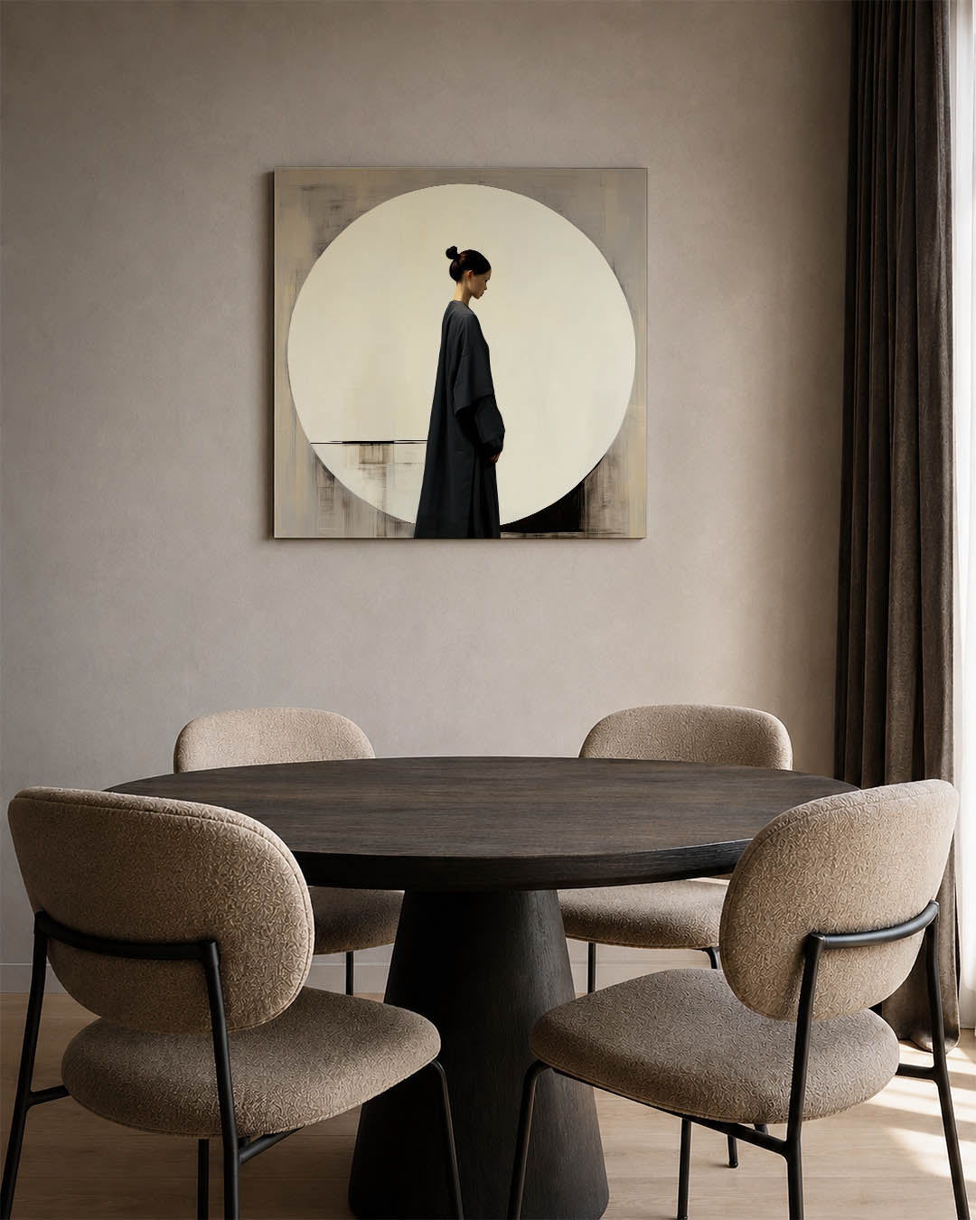 Cirkel kunstwerk – vierkante wanddecoratie – dit werk toont een compositie met een grote witte cirkel tegen een grijze