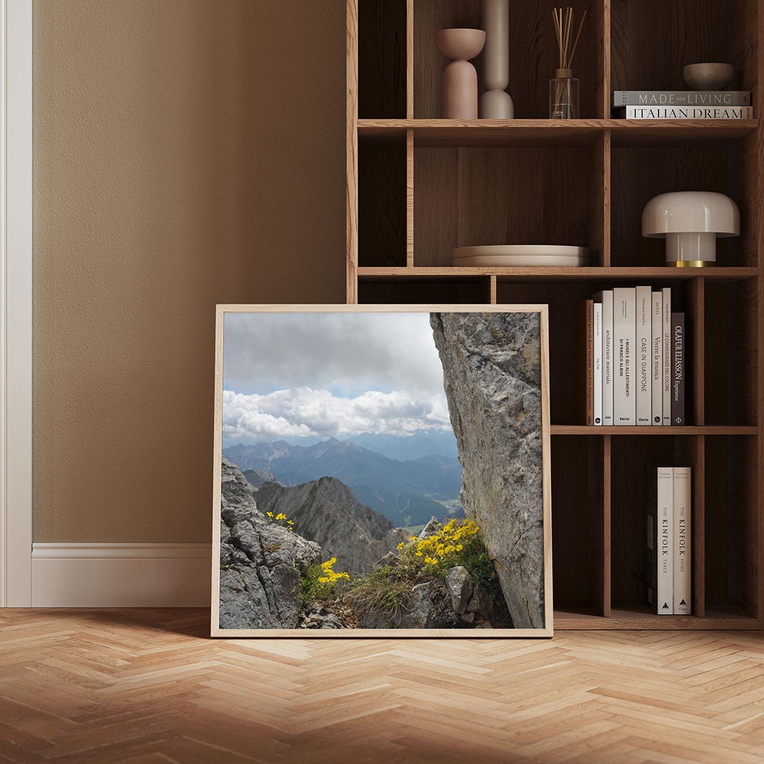 Berglandschap met bloemen poster – derde productweergave – deze poster toont een indrukwekkend berglandschap met ruige rotsen