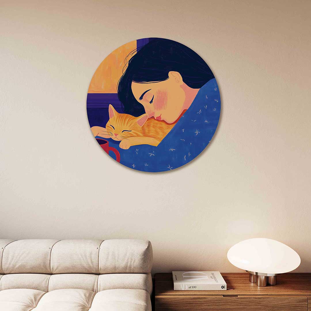 Slapende vrouw en kat – moderne abstracte muurcirkel voor aan de muur