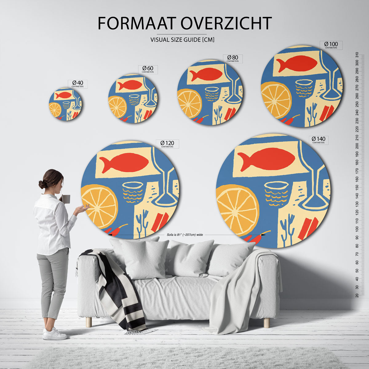 Citrus en vis – kleurrijke wandkunst als muurcirkel
