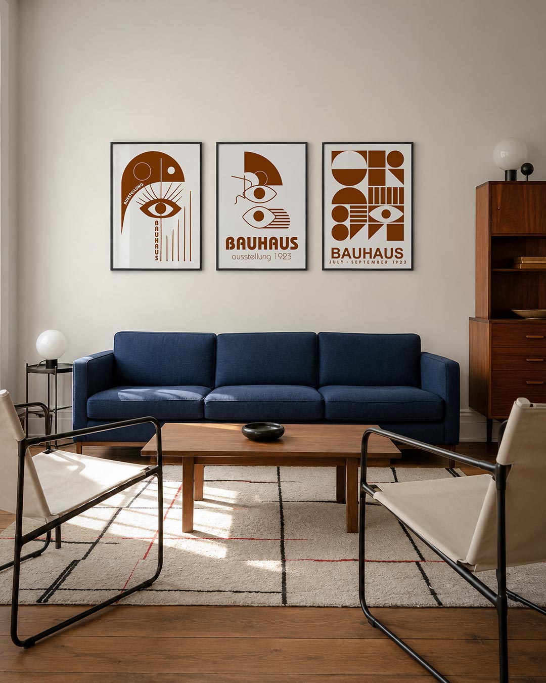 Oog en lijnen driedelige posterset – een speelse compositie met een groot oog centraal, omringd door strakke lijnen en