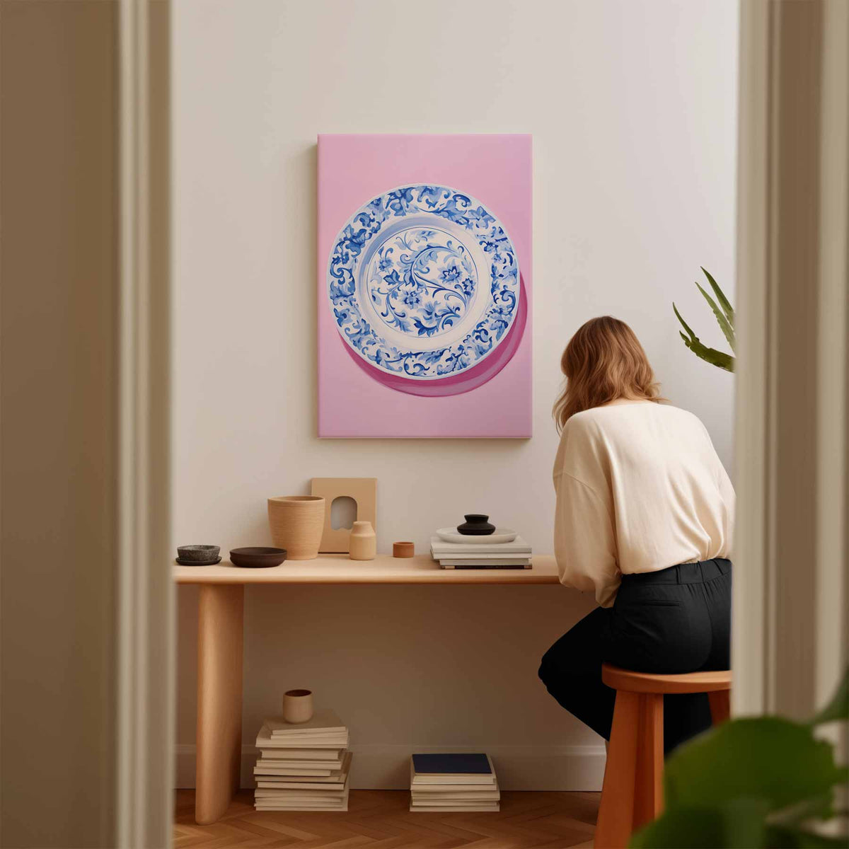 Blauwe Bloemenpracht op Roze – plexiglas kunstwerk als wanddecoratie