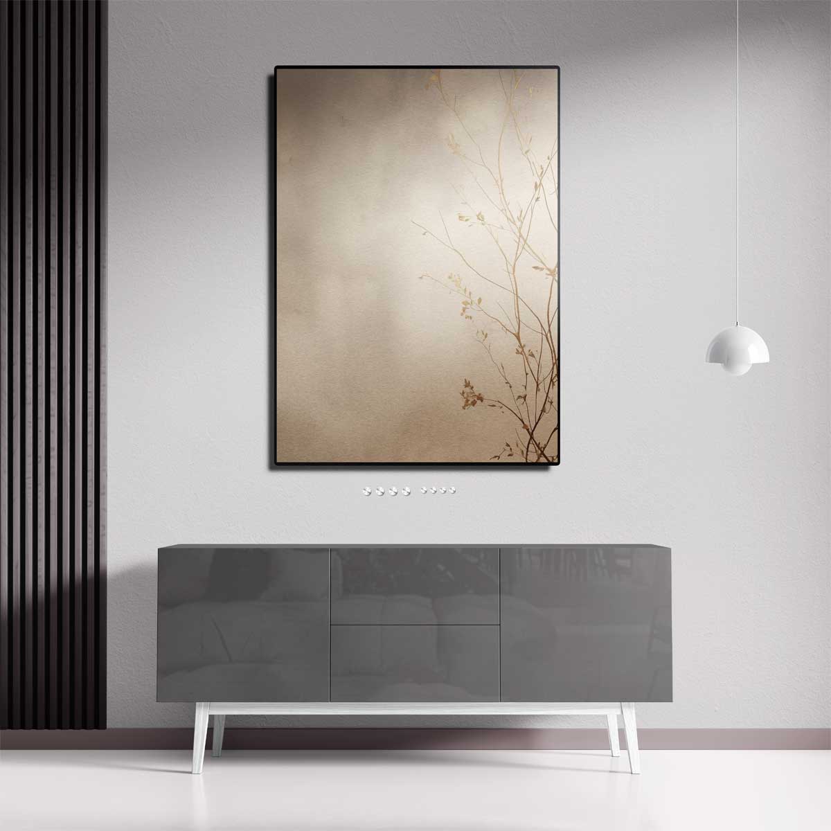 Gouden Zweepslag: Minimalistische Takken – canvas wanddecoratie in portret formaat
