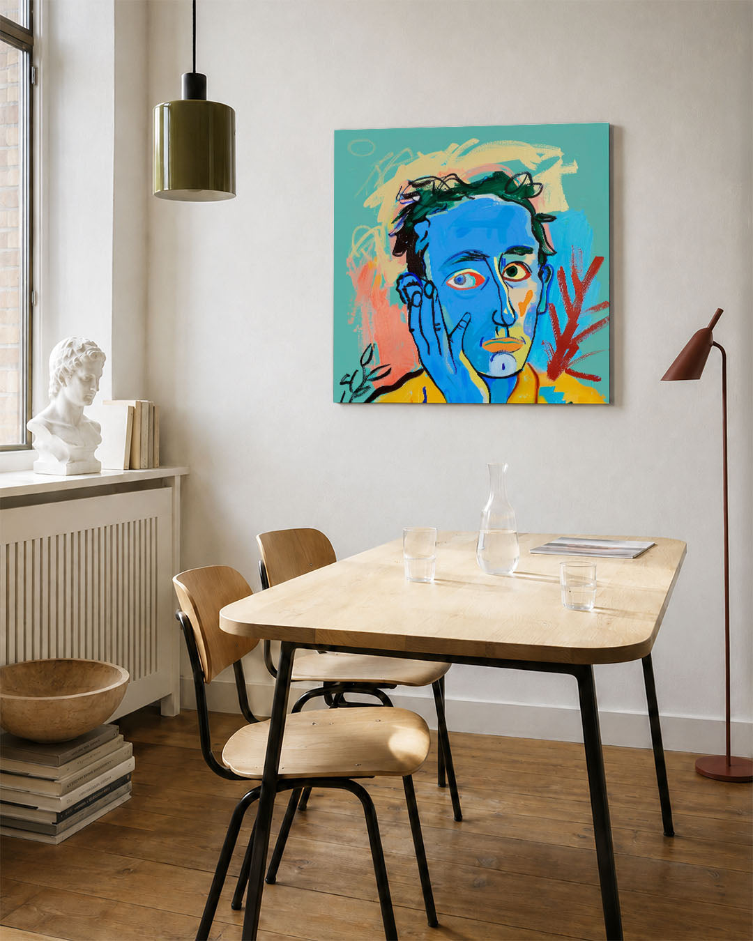 Portretstudie kunstwerk – vierkante wanddecoratie – dit werk toont een portret met levendige kleuren en dynamische lijnen. De