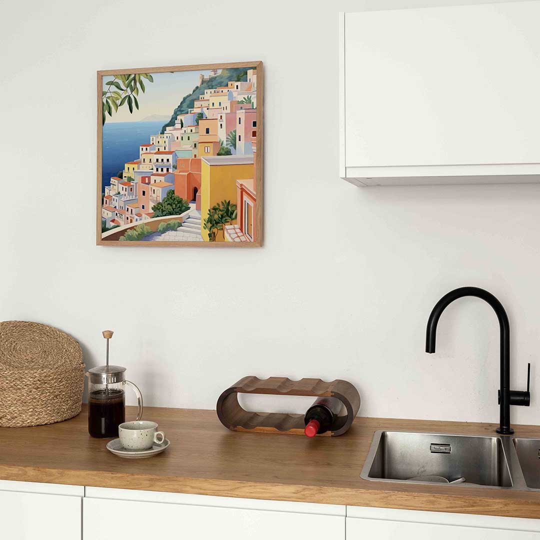 Gekleurde huizen aan zee – keukenposter in vierkant formaat