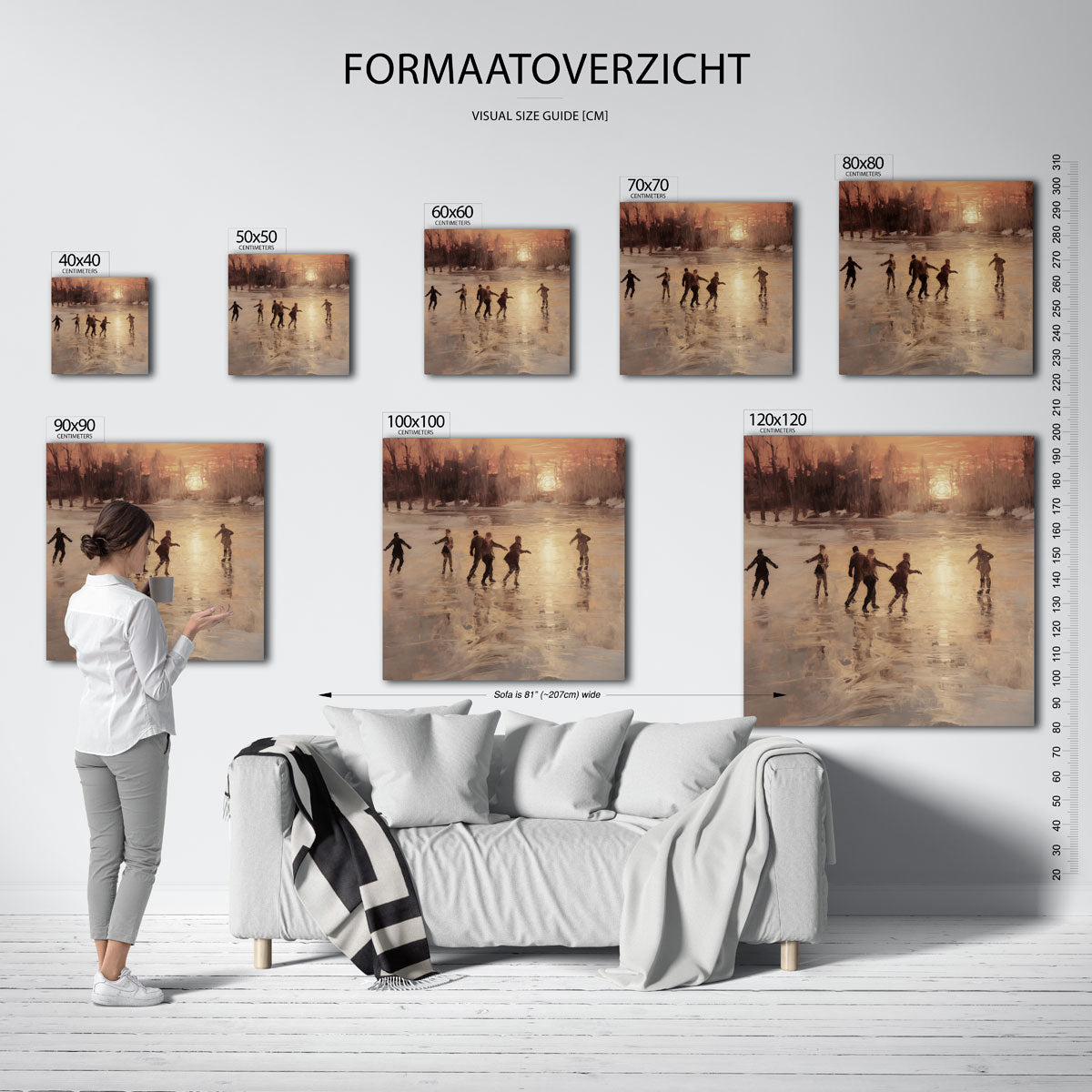 Schaatsers bij zonsondergang – vierkante muurposter voor kerst