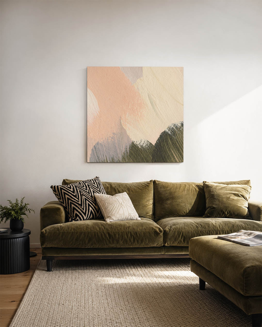 Kleurencompositie kunstwerk – sfeerbeeld – dit werk toont vloeiende penseelstreken in zachte tinten, met een harmonieuze