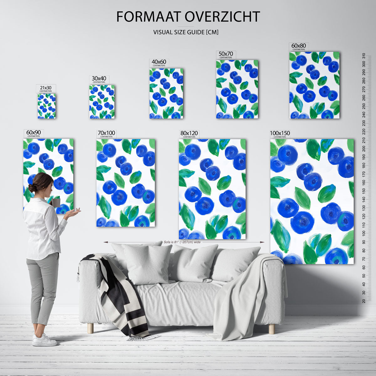Blauwe bessen en bladeren – staande muurposter met bloemen