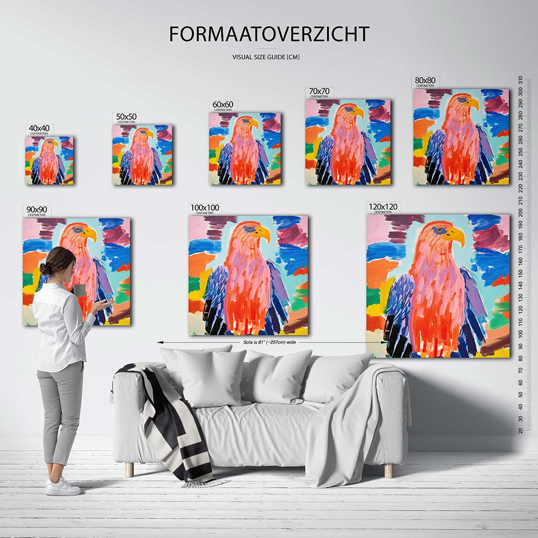 Kleurrijke vogel kunstwerk – sfeerbeeld – dit werk toont een vogel in levendige kleuren met dynamische penseelstreken. De