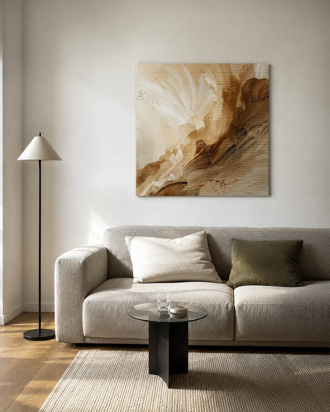 Organische borstelslag kunstwerk – vierkante wanddecoratie – dit kunstwerk toont vloeiende lijnen en zachte overgangen in