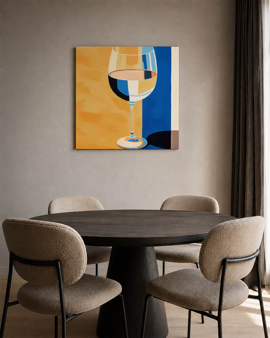 Glas en kleurvlakken kunstwerk – vierkante wanddecoratie – dit werk toont een glas tegen een achtergrond van kleurrijke