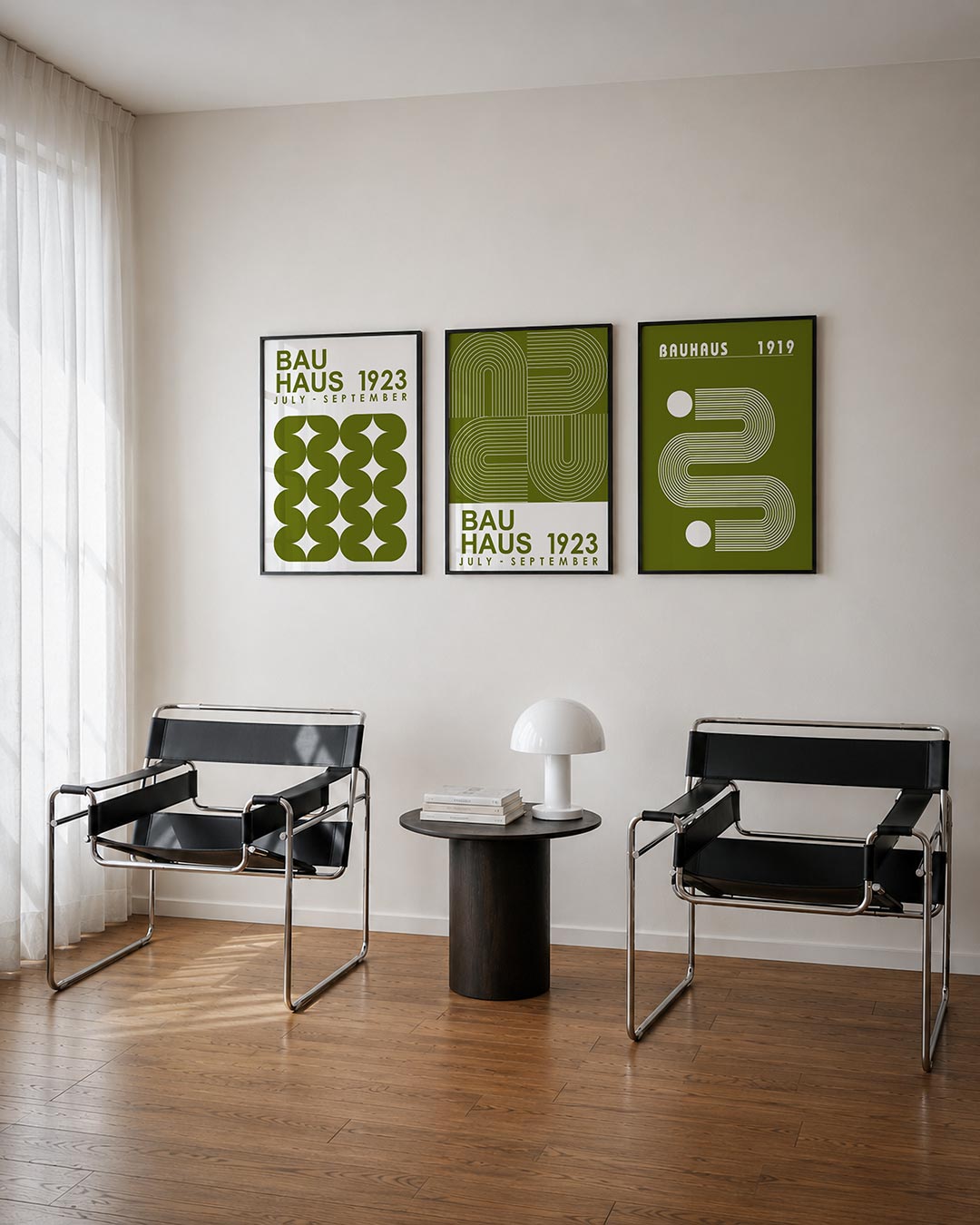Vorm en ritme driedelige posterset – deze posterset in drie delen toont een speelse ordening van olijfgroene vormen. De